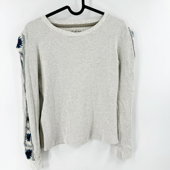 ✅ BOUNDLESS NORTH BOHO RIBBED CREW NECK EMBROIDERED SLEEVE TOP TAN SIZE SMALL - Picture 1 of 6
